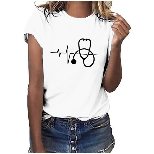 T-shirt Blouse Décontractée pour Femmes à Manches Courtes Imprimée pour la Journée des Infirmières