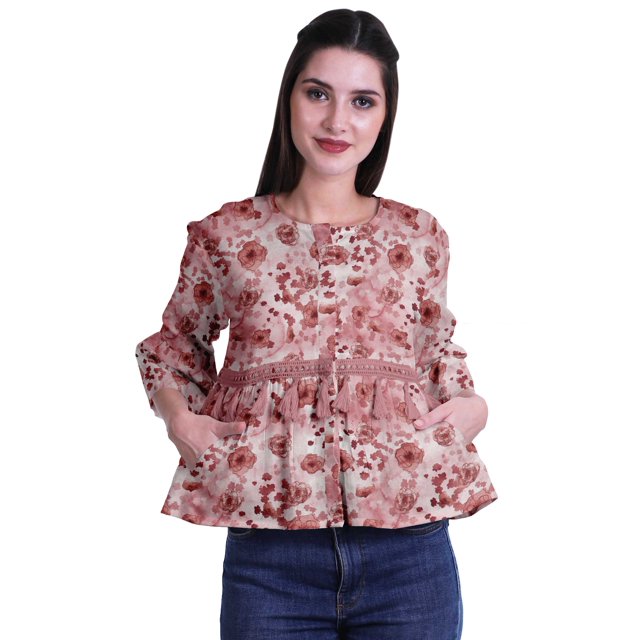Moomaya T-Shirt à Col Rond pour Femmes à Manches Évasées, Haut Court en Coton Imprimé, Haut Décontracté