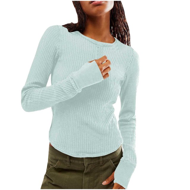 Yuyuzo Women's Ribbed Knit Tops Long Sleeve Crewneck Slim Tight T Shirts 2025 Basic Solid Color Tees