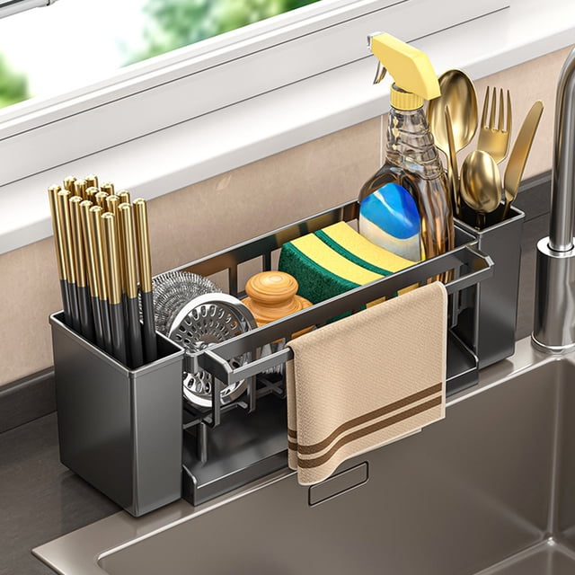 Pisexur Sponge Kitchen Sink Caddy Organizer Brush Sink Sponge With Auto Draining Tray Gray
