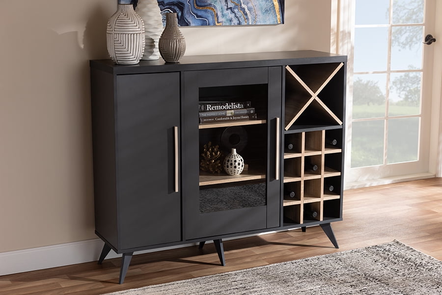 Baxton Studio Armoire à Vin Mi-Siècle Moderne Gris Foncé et Chêne Fini