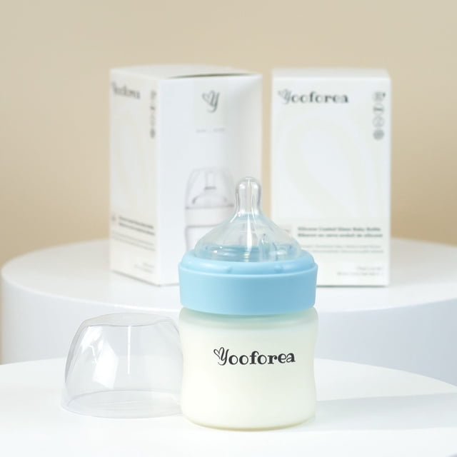 Yooforea Silicone Coated Glass Baby Bottle, 0M+ Slow Flow Nipple I Anti-Colic, Wide Neck, Stable Base I Medical-Grade Silicone Coating Shatter Protection, BPA BPS PVC Free (90 ML/3OZ-Fog)