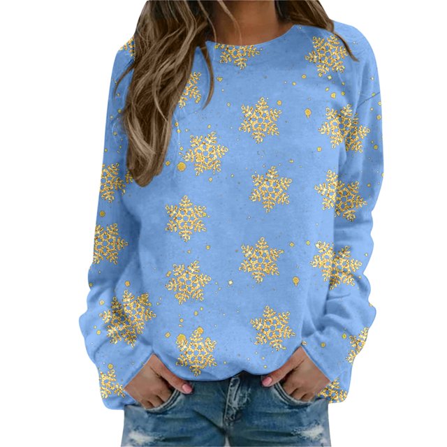 Bmisegm T-Shirt à Manches Longues Col Rond pour Femmes, Imprimé, Bleu TTG
