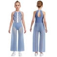 thumbnail image 1 of Oyolan One Piece Rompers Overall for Girls Rhinestones Dance Bodysuit Disco Party Wide Leg Pants Playsuit Dusty Blue 12, 1 of 7