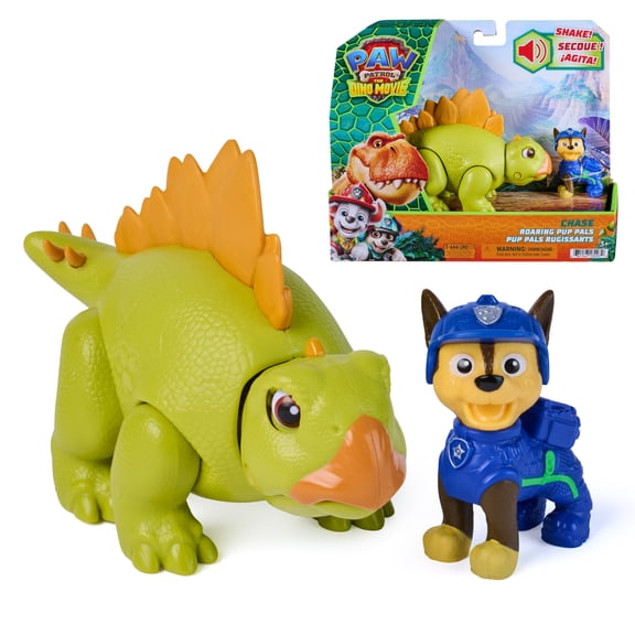 PAW Patrol: The Dino Movie, Pup Pals Rugissants Chase, inclut un stégosaure articulé de 10,1 cm avec sons activés et figurine articulée Chase, jouets pour enfants d'âge préscolaire, pour garçons et fi