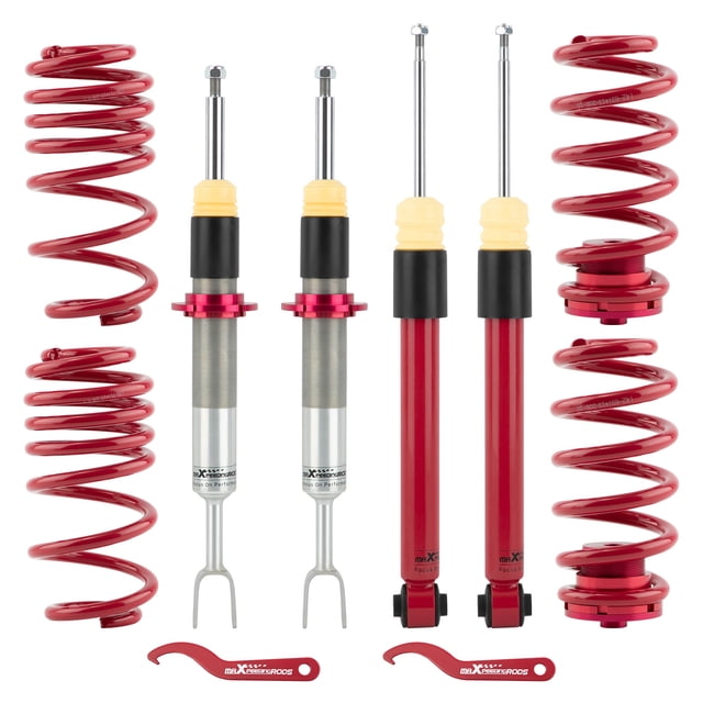 Maxpeedingrods Coilover Lowering Suspension Struts Kit for AUDI A4 B6 B7 8E FWD + 4WD QUATTRO, featuring a silver body with red springs. Includes four shocks, four springs, and a pair of wrenches for height adjustment. Designed for models such as AUDI A4 Avant (8E5, B6) 2000-2005 and AUDI A4 Convertible (8H7, B6, 8HE, B7) 2002-2009. Offers 0-60mm height adjustability, solid rubber bump stops, and aluminum components. Front spring rate is 9 kg/mm, rear spring rate is 12 kg/mm. Suitable for improving handling while maintaining OE ride quality. Package weight is 24,860g. Warranty included.