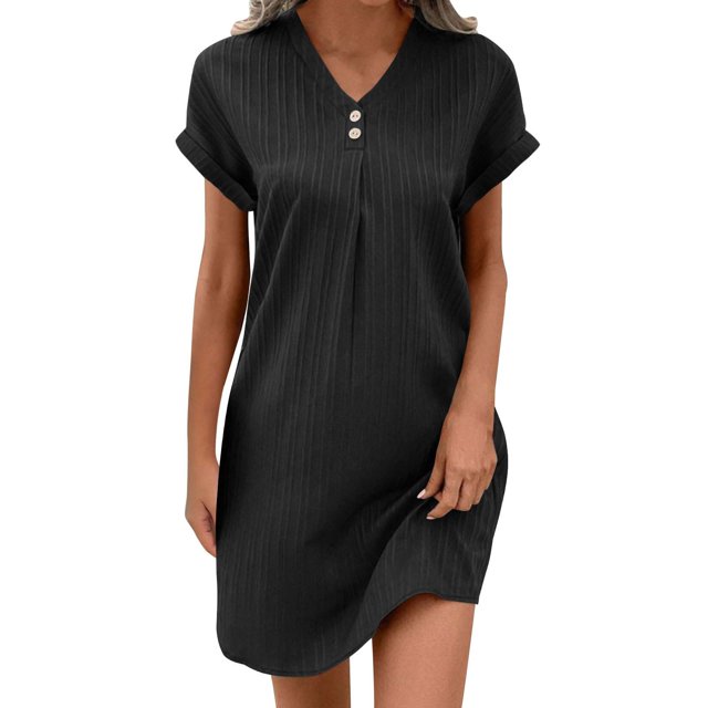 hotojiny Robes en Coton et Lin pour Femmes 2025 Amples à Boutons Col en V Robe T-Shirt Décontractée Unie à Manches Courtes Roulées Robes Mini de Plage