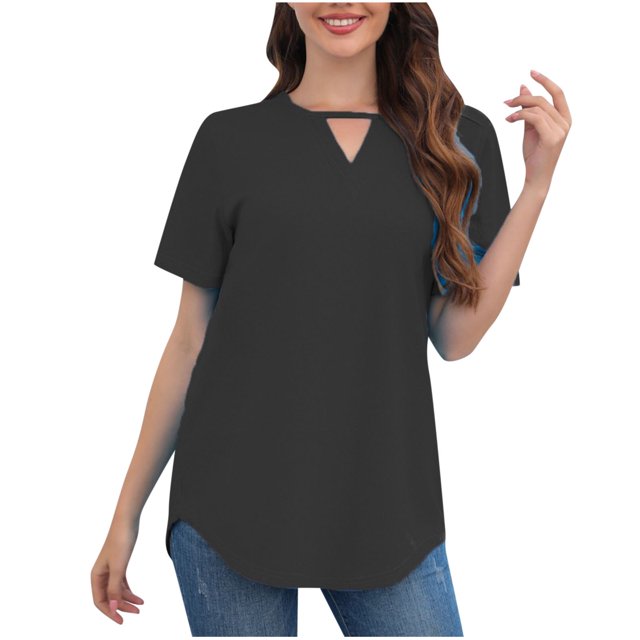 Blouses pour Femmes Couleur Unie Col Rond Manches Courtes T-Shirt Blouse Hauts