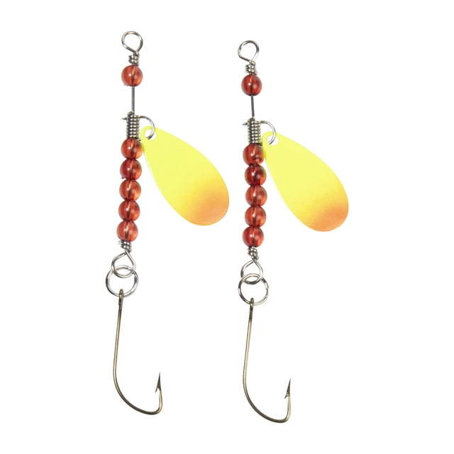 Lucky Strike Premium Victor Spoon, Yellow Flash, 2Pk spinner fishing lure showing two metal spinner lures with yellow flash blades and red translucent bead bodies, each with a single hook, designed for bass, walleye, and trout fishing, made in Canada and effective with worms or minnows.