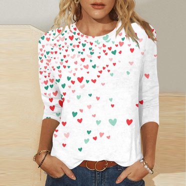 Meichang T-Shirts pour Femmes T-Shirts de la Saint-Valentin T-Shirts Mignons à Imprimé Cœur Hauts Mignons T-Shirts de Fête Manches 3/4 Col Rond T-Shirts Mode 2025