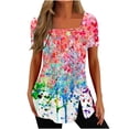 thumbnail image 1 of CEHVOM Fashion Womens Casual Printed Square Neck Short Sleeve Buttons Tops Loose Blouses, 1 of 5
