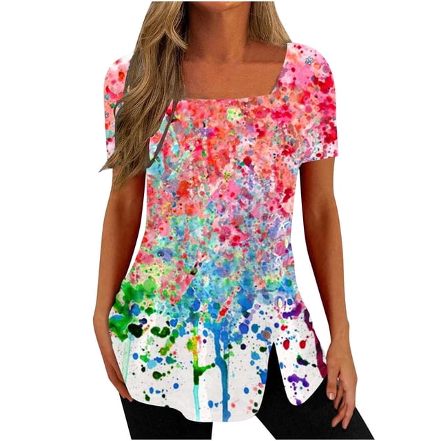CEHVOM Fashion Womens Casual Printed Square Neck Short Sleeve Buttons Tops Loose Blouses