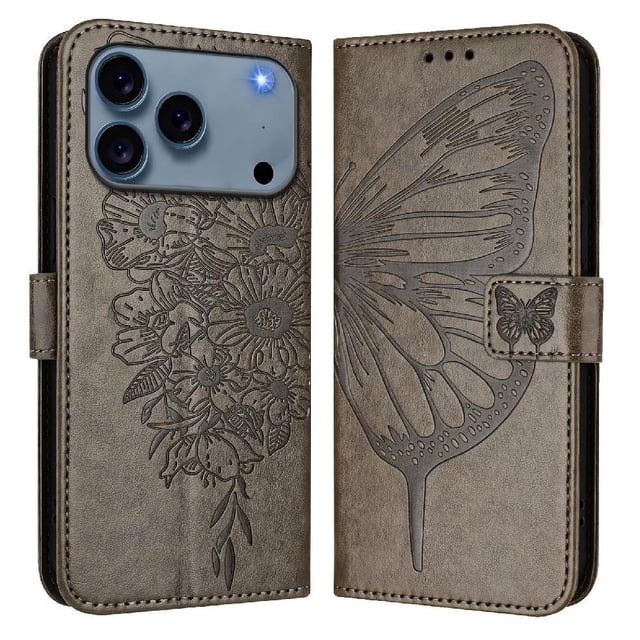 Butterfly Wallet Case for iPhone 17 Pro with Card Slots & Stand - Shockproof Gray