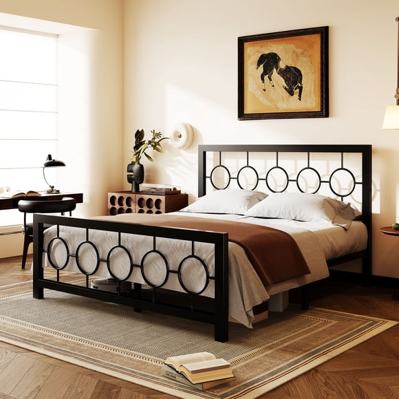 Amolife Black Queen Size Metal Platform Bed Frame with Circular Vintage Headboard & Footboard