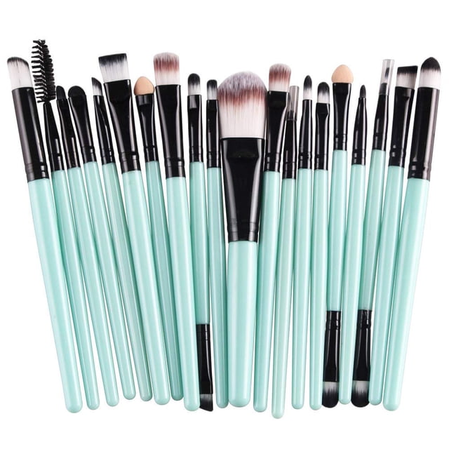 20 Pack Makeup Brush Set Tools Makeup Make Up Brush Set featuring 20 brushes with light turquoise handles and black ferrules. Includes flat and angled concealer brushes for covering blemishes, along with various brush types for eyes, face, and lips. Made with synthetic bristles for durability and hygiene, and bold handles for easy grip.