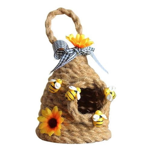 Mini Beehive Farmhouses Bee Hive Table Decor Spring Jute Rope Woven Hanging Ornament Decorative Honey Beehive Farmhouses Country Home Kitchen Bookshelf Decoration A