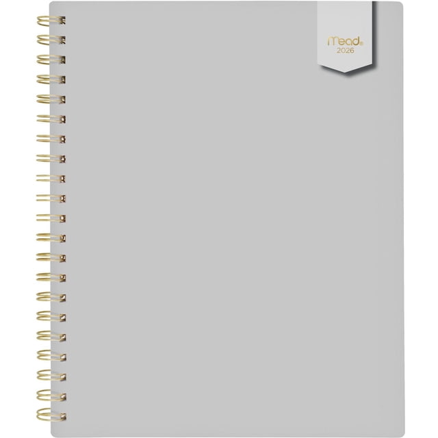 2026 Mead® Glacier Grey Large Weekly Planner with durable grey poly cover and twin gold coil binding that lays flat, featuring gold foil Mead logo and year, designed for 12 months of weekly and monthly planning with tabbed monthly pages for quick date access.