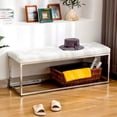 thumbnail image 1 of Heavenly Collection White Faux Leather Upholstered Bench with Chrome Metal Base – Modern Accent Bench for Entryway, Bedroom, or Living Room, 1 of 7
