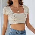 thumbnail image 2 of Square Neck Crop Tops for Women Short Sleeve Crochet Knit Going out Tops Basic Slim Cropped T Shirts, 2 of 4