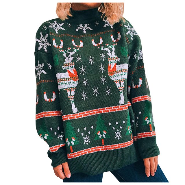 IROINID Chandail à Col Rond pour Femmes Imprimé Ample Mi-Long à Manches Longues Flocon de Neige Sapin de Noël Chandail pour Dames