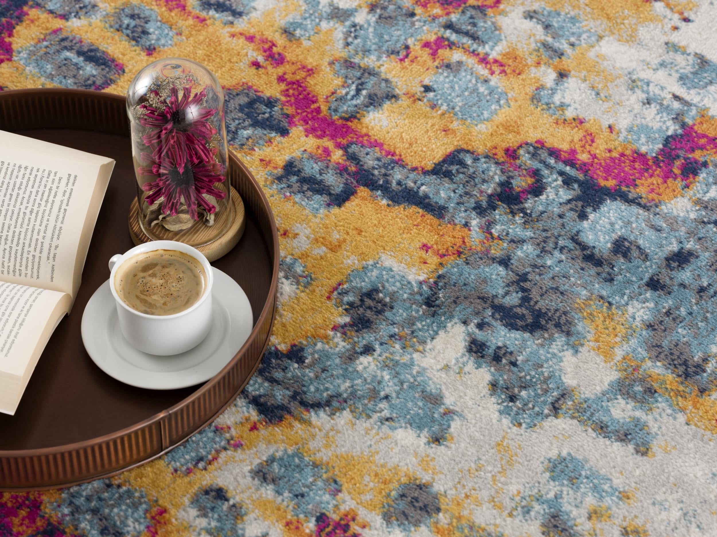Tapis d'intérieur bohème Branch Savannah 2' x 2' (taille exacte : 2'3" x 2'), jaune et bleu, motif abstrait - Entrée, couloir, salle de bain et cuisine