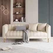 Ourlova Faux Leather Sofa Couch for Living Room Modern 3 Seater Sofa Couch with Deep Seats 2 Throw Pillows and Wood Legs for Small Space Bedroom Apartment Home Office Beige