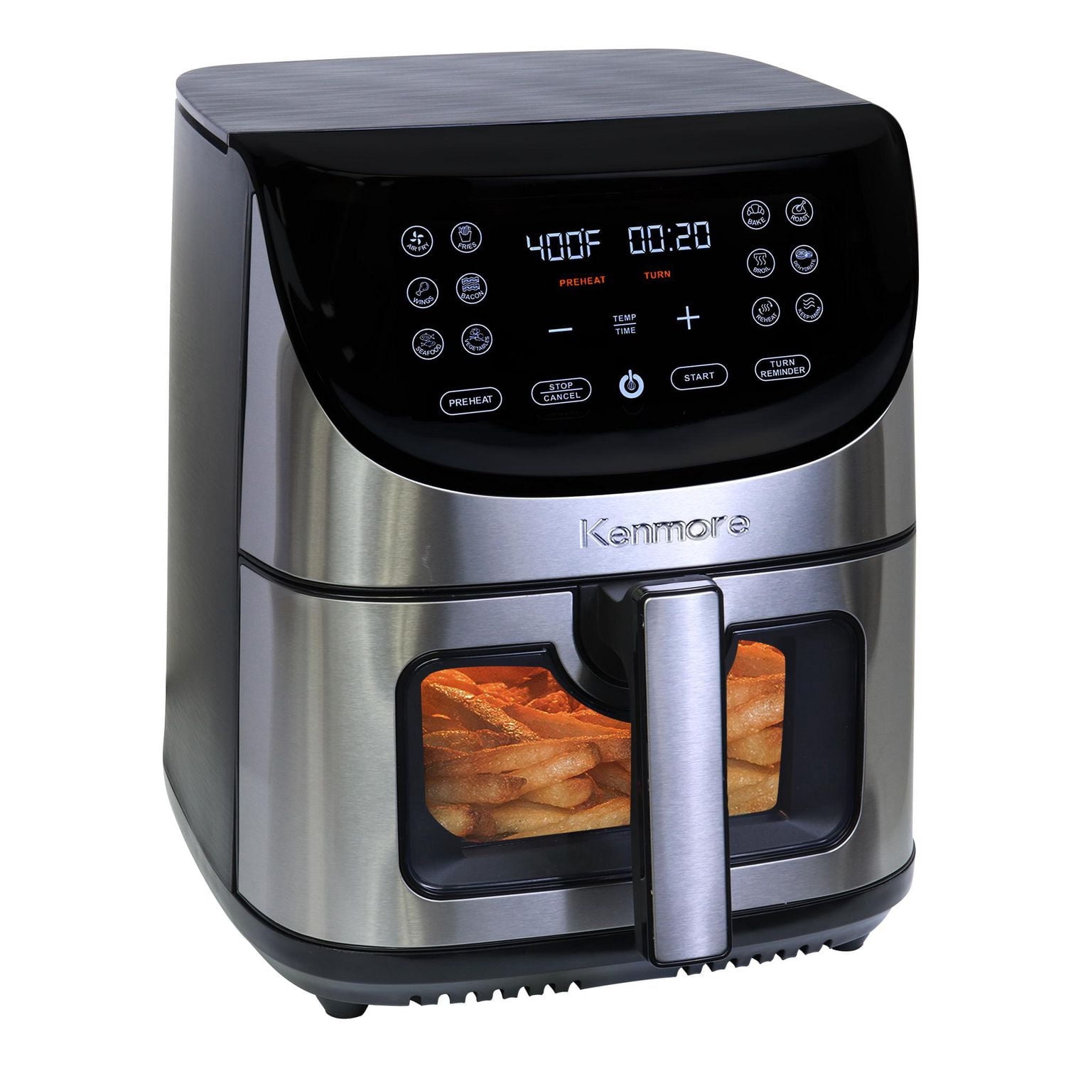 Kenmore 8 Qt Air Fryer 1700W 12 Presets Digital Touch Screen Stainless Steel Family Size Nonstick Basket Easy Cleanup Dishwasher Safe OilLess Cooking