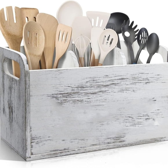 Birdeem Wooden Utensil Organizer for Kitchen Countertop,3 Compartment Cooking Tool Holder,Countertop Storage Rack for Spatulas & Spoons,White Wooden Kitchen Counter Organizer with Removable Divider
