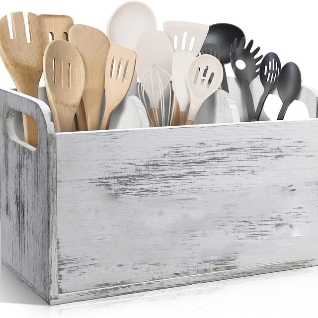 Birdeem Wooden Utensil Organizer for Kitchen Countertop,3 Compartment Cooking Tool Holder,Countertop Storage Rack for Spatulas & Spoons,White Wooden Kitchen Counter Organizer with Removable Divider