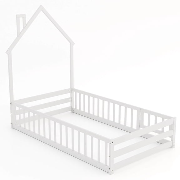 Costway Lit Montessori au Sol Format Simple pour Tout-Petit avec Porte Verrouillable Garde-Corps Pleine Longueur Blanc