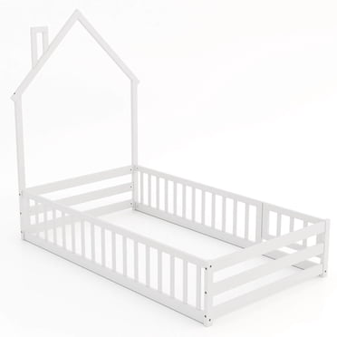 Costway Twin Size Montessori Floor Bed for Toddler with Lockable Door Full-Length Guardrail White