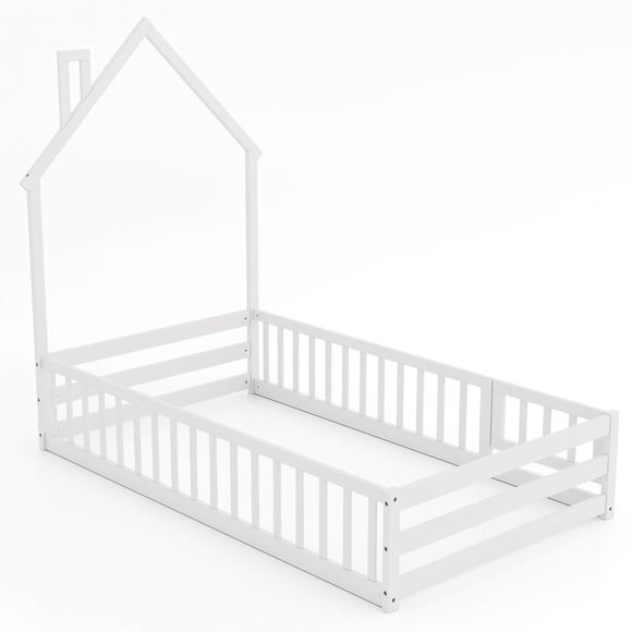 Costway Twin Size Montessori Floor Bed for Toddler with Lockable Door Full-Length Guardrail White