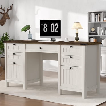 FIAKOA 62"Executive Desk, Modern Farmhouse Computer Desk with Drawers & Cabinet, White Home Office Writing Workspace Desk for Work Study