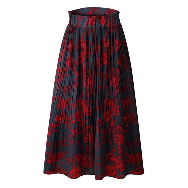 Jupes pour Femmes Mode Jupe Longue Imprimée Léopard Floral Poche Pressée Plissée Style Vêtements d'Été pour Femmes Marine S