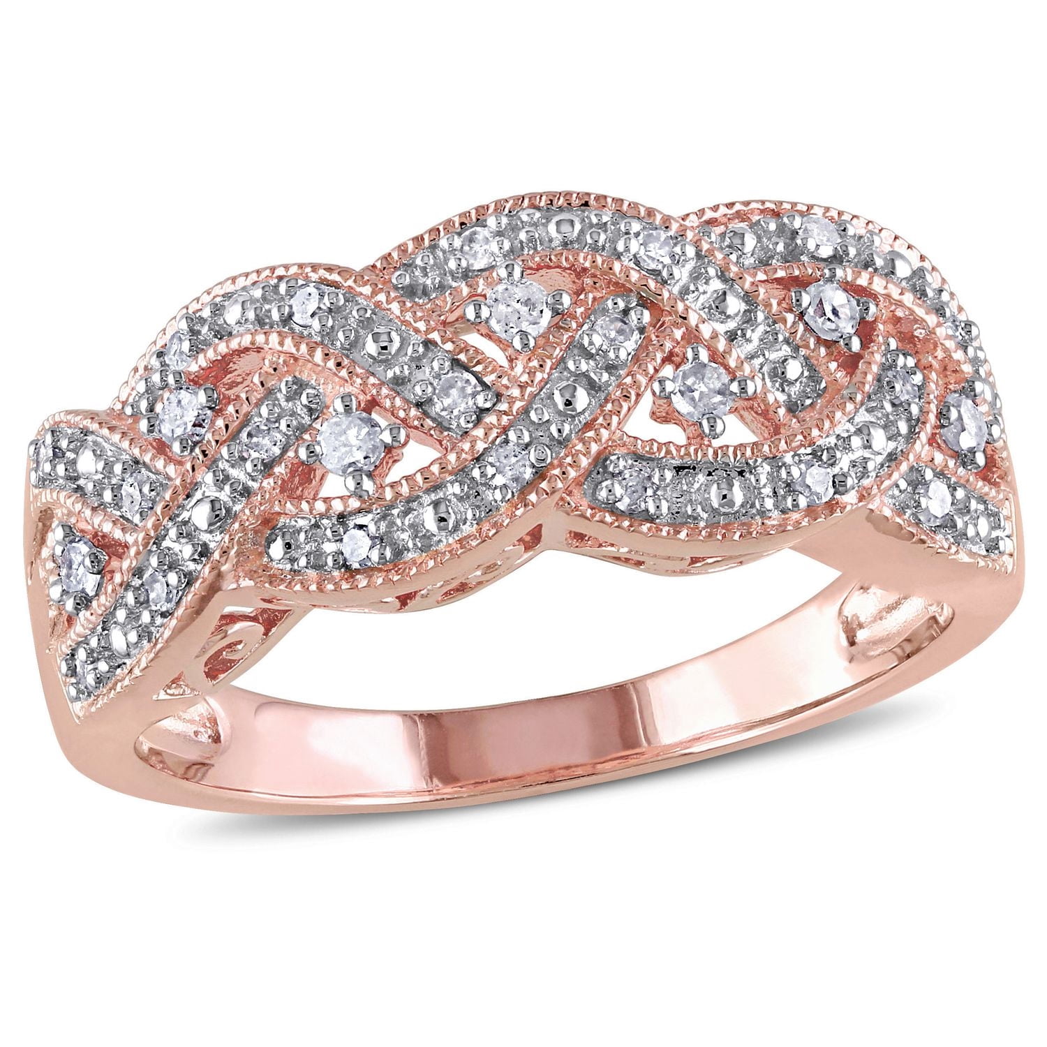 Bague tressée Miabella avec diamants 0,13 CT poids total en argent sterling plaqué de rhodium rosé