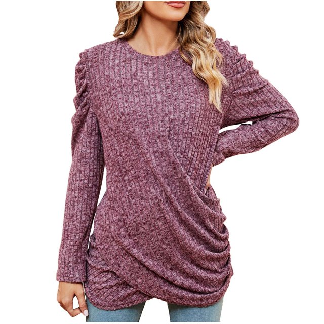 lcziwo Chandail pour Femmes à Manches Longues d'Automne Léger à Col Rond Décontracté Basique T-Shirts Chandail avec Ourlet Plissé 2024 Violet,G