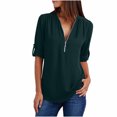 thumbnail image 2 of TIMIFIS Mode Automne pour Femmes Chemises d'Été à Manches Longues pour Femmes Tunique Décontractée à Fermeture Éclair Col en V Blouse à Manches Roulables Hauts Blouses pour Femmes, 2 of 6