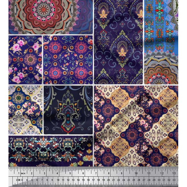 Soimoi Rayon Crepe Fabric Ogee & Mandala Patchwork Print Sewing Fabric Yard 46 Inch Wide