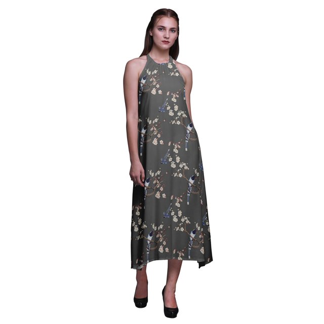 Bimba Robe Décontractée Oiseau Longue Dos Nu à Col Licou pour Femme Robe de Plage Imprimée - XX-Grand