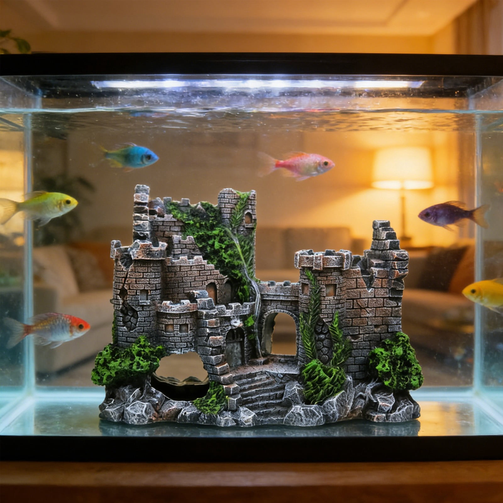 Aquarium Ornament, EDHITNR Realistic Underwater Castle Fish Tank Decor, Resin Hideout Shelter for Shrimp Breeding Fighting Fish Cichlids