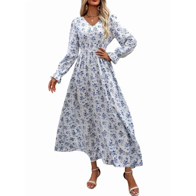 Robe Longue Évasée à Imprimé Floral pour Femme, Col en V, Manches Longues, Décontractée, Portefeuille, Automne, Plage, Évasée, Blanche, P