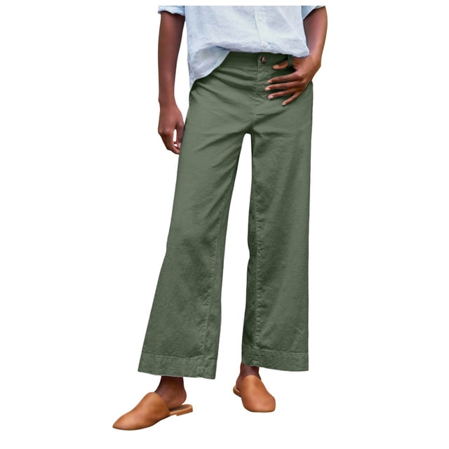 Women's Linen Pants - High Waisted Flare Wide Leg Capri Work Pants with Pockets