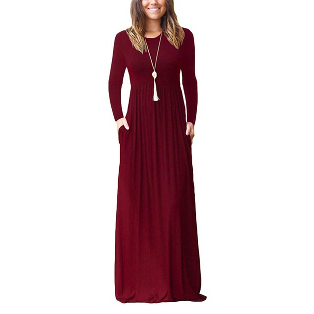 UKAP Ladies Dress Crew Neck Maxi Dresses Solid Color Swing Party Wine Red XS