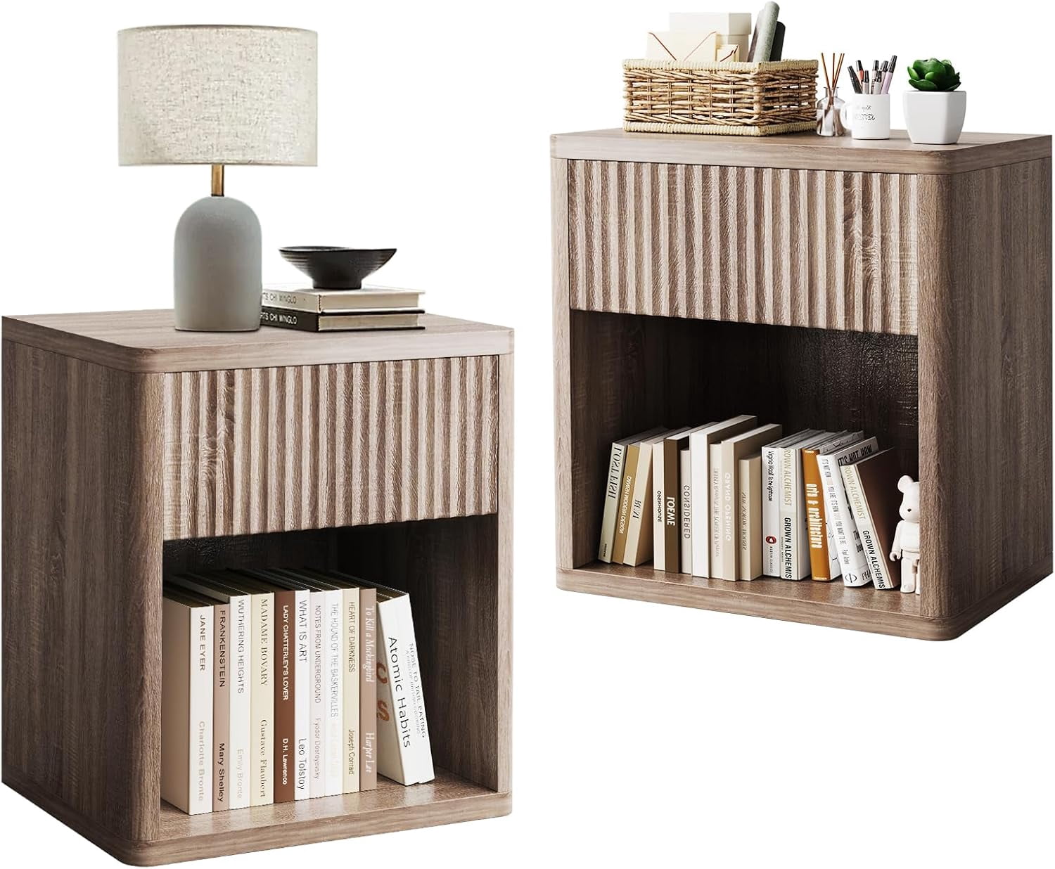 Night Stand Set of 2, Fluted Nightstand,Modern Farmhouse Nightstand, End Table with Drawer Storage Mid Century Wood Night Stands for Bedroom Living Room Sofa Office