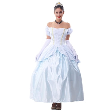 HAWEE Déguisement de Princesse de Luxe pour Femme Cendrillon, Robe de Princesse Classique de Film pour Adulte avec Jupon, Manche, Ras-du-Cou et Couronne
