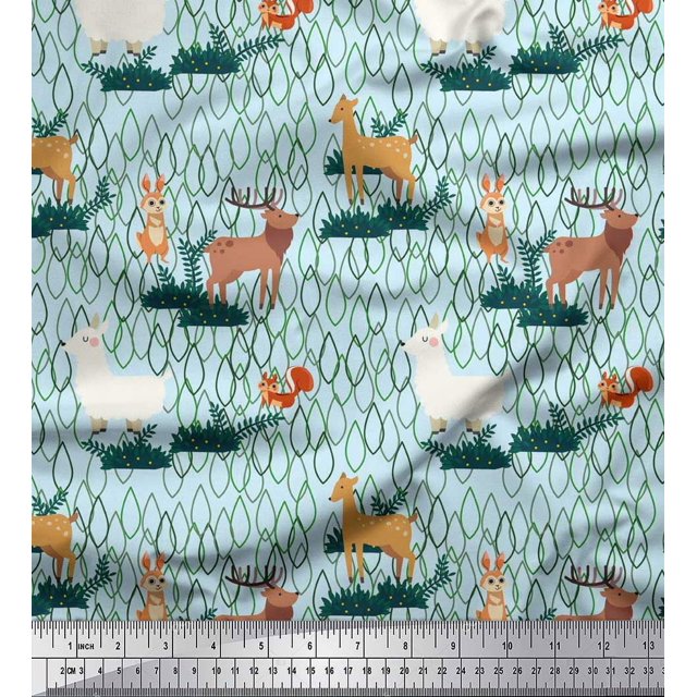 Soimoi Rayon Fabric Rabbit,Sheep & Deer Kids Printed Fabric 1 Yard 56 Inch Wide