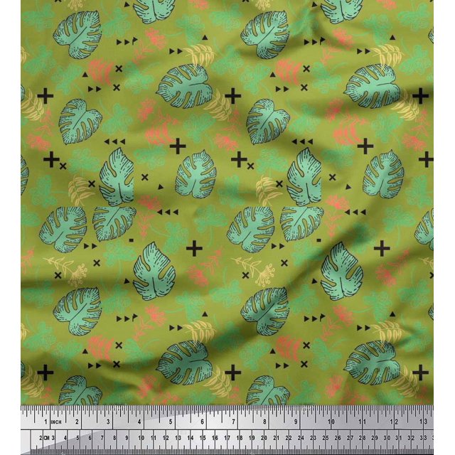 Soimoi Poly Georgette Fabric Geometric Sign,Clover & Monstera Leaves Fabric Prints by Yard 52 Inch Wide