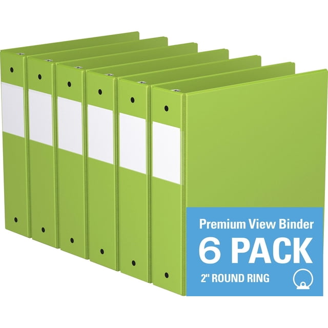Davis Group, Premium Economy, Round Ring, Binder, 6 Pack, 2" showing six lime green binders with 2-inch round rings, white label holders on spines, and black rivets, each with clear interior pockets for document storage, ideal for office and school organization.