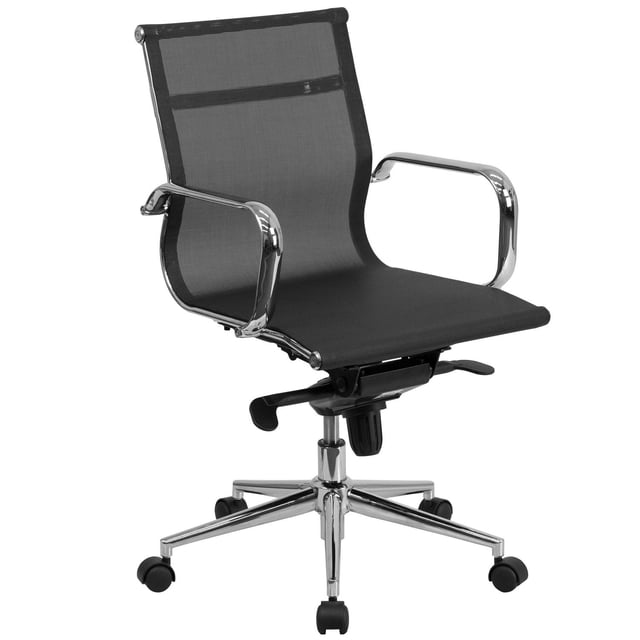 Nicer Furniture Tilt Adjustable Seat Low Back Mesh Executive Office Chair with black breathable mesh seat and back, built-in lumbar support, chrome armrests and five-star base with caster wheels, locking tilt mechanism, and dual paddle controls for height and tilt adjustment.