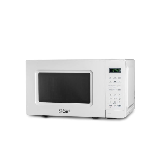 Commercial Chef Small Microwave 0.7 Cu. Ft. Countertop Microwave with Digital Display in white, front-facing view of a compact 700-watt microwave oven featuring a black mesh window, digital control panel with green LED clock, 10 power levels, and preset cooking options like popcorn and pizza, ideal for small kitchens and apartments.